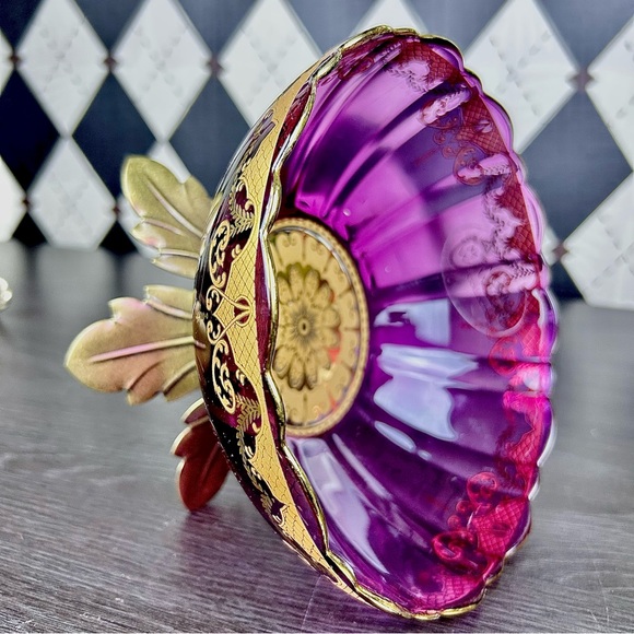 Martha Willard Purple Glass Compote Gilt Brass Base 7 Pedestal Centerpiece Bowl